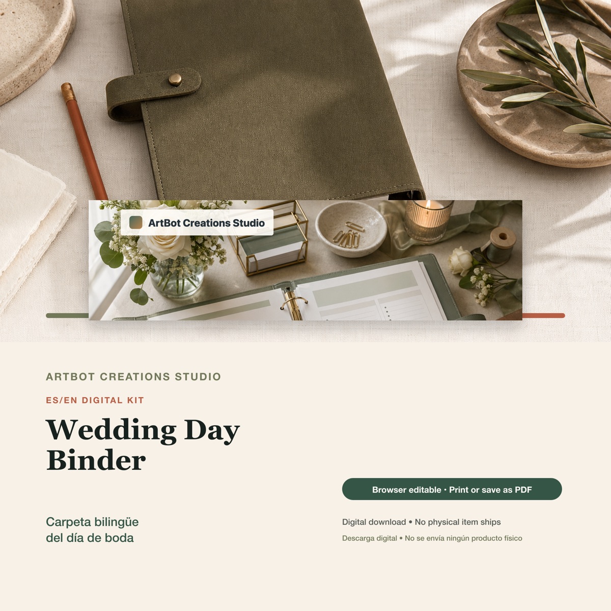 Vista del cronograma y las páginas para proveedores y ayudantes de la Carpeta del Día de Boda.